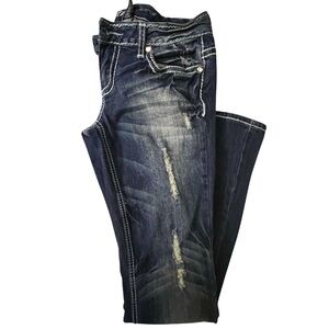 Vanity women’s distressed jeans. Size 28/33L jeweled buttons on back